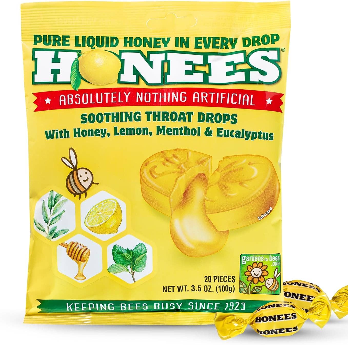Honees Honey LEMON Cough Drops 20 Piece BAG